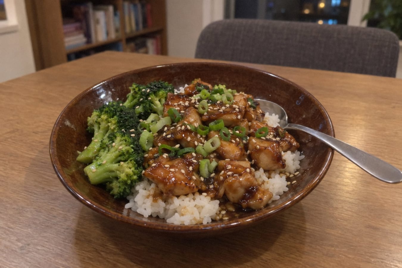 Pollo teriyaki con arroz y brócoli