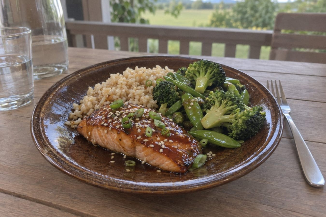 Teriyaki salmon with broccoli and rice