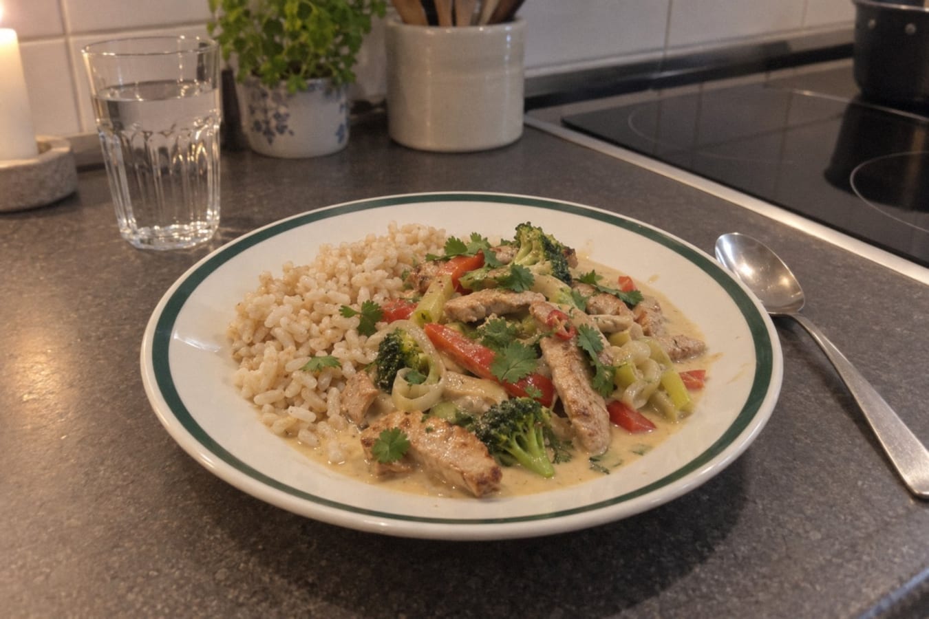 Thai-style pork tenderloin with vegetables and rice