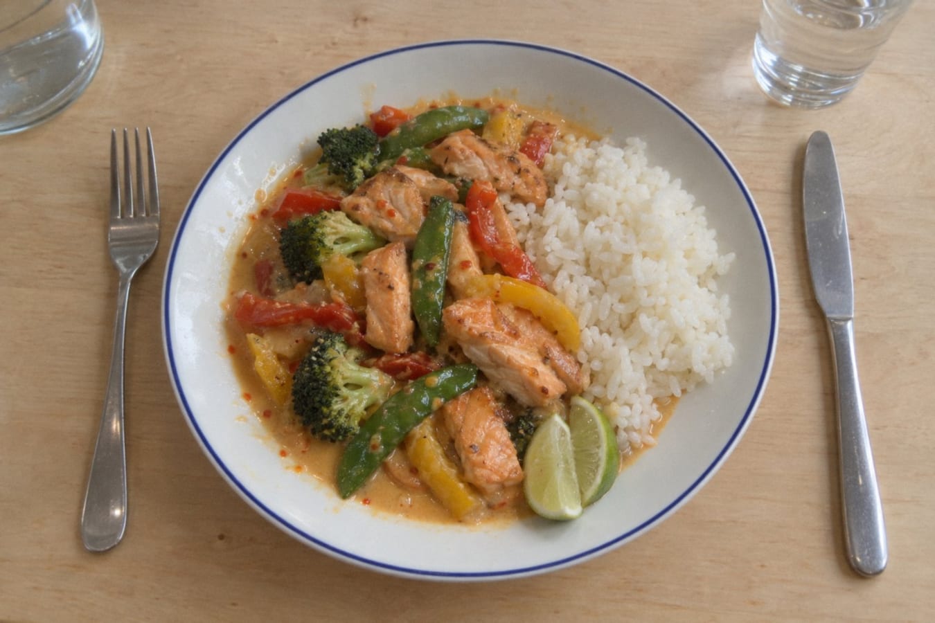 Thailax med grönsaker och jasminris