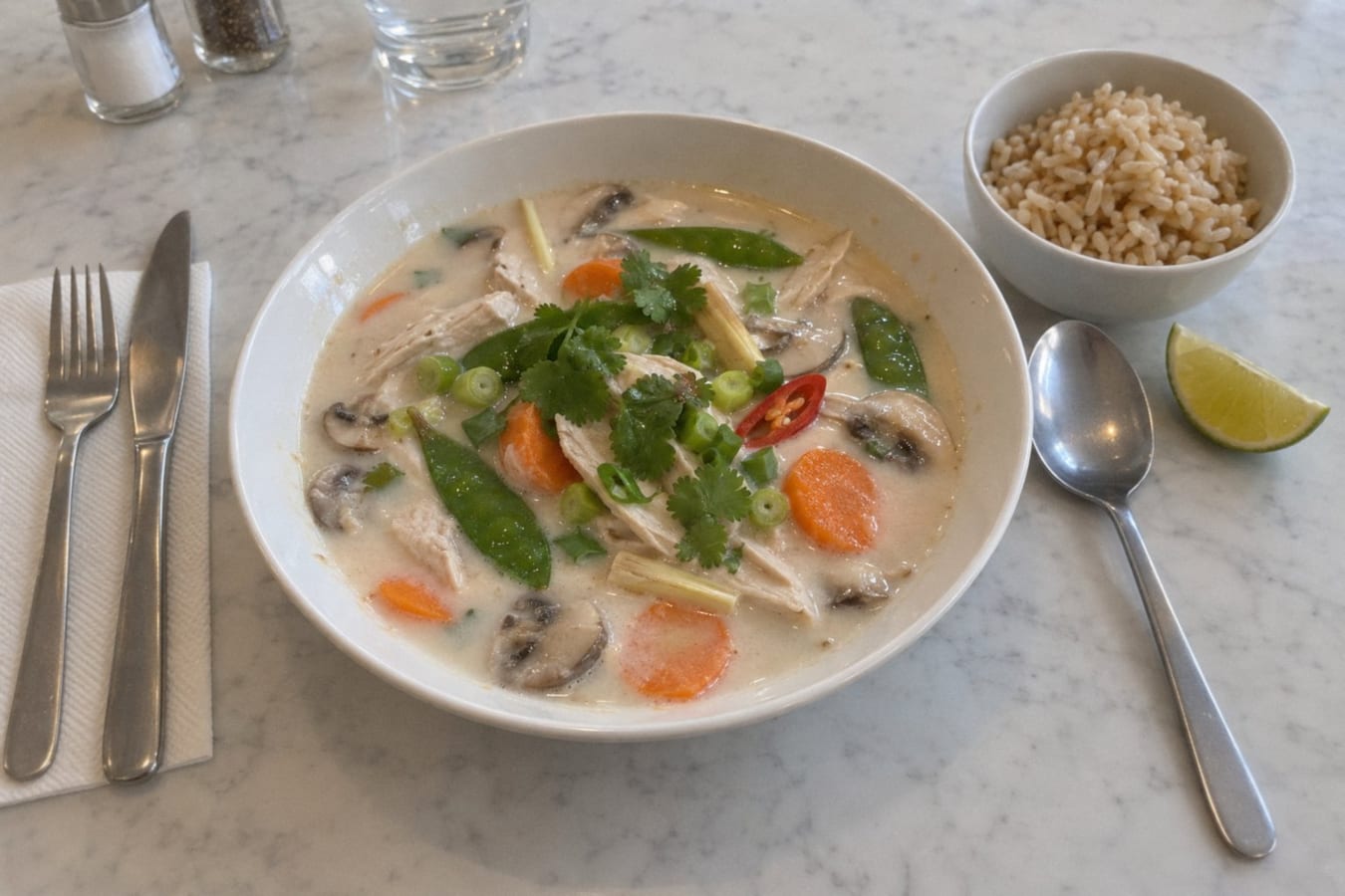 Tom kha gai, sopa tailandesa de pollo con coco