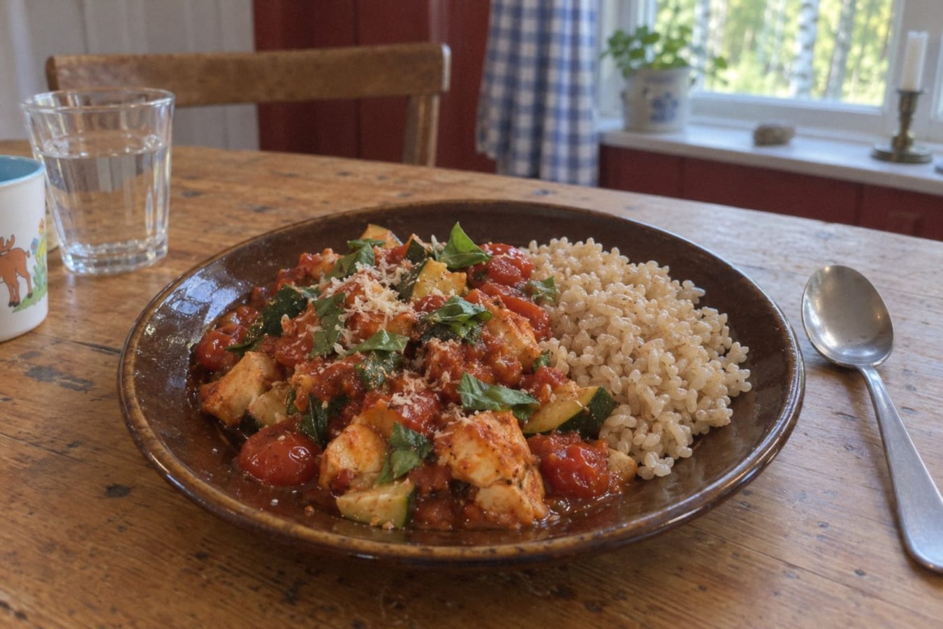 Tomato chicken with basil, courgette and brown rice