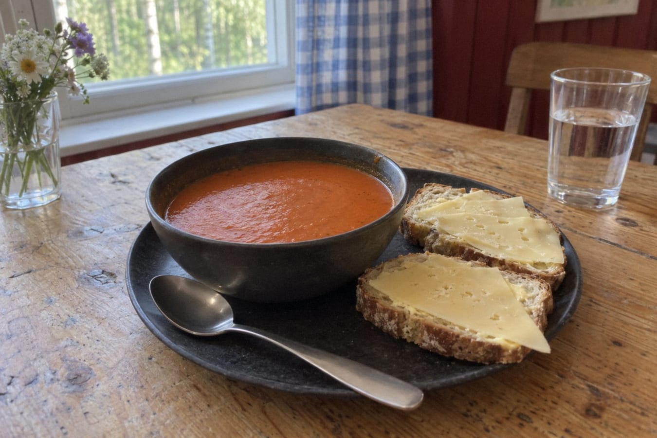 Tomato soup with cheese sandwiches