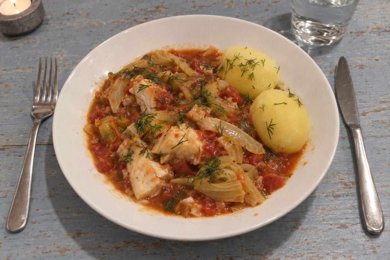 Cod stew with tomato, fennel and potatoes