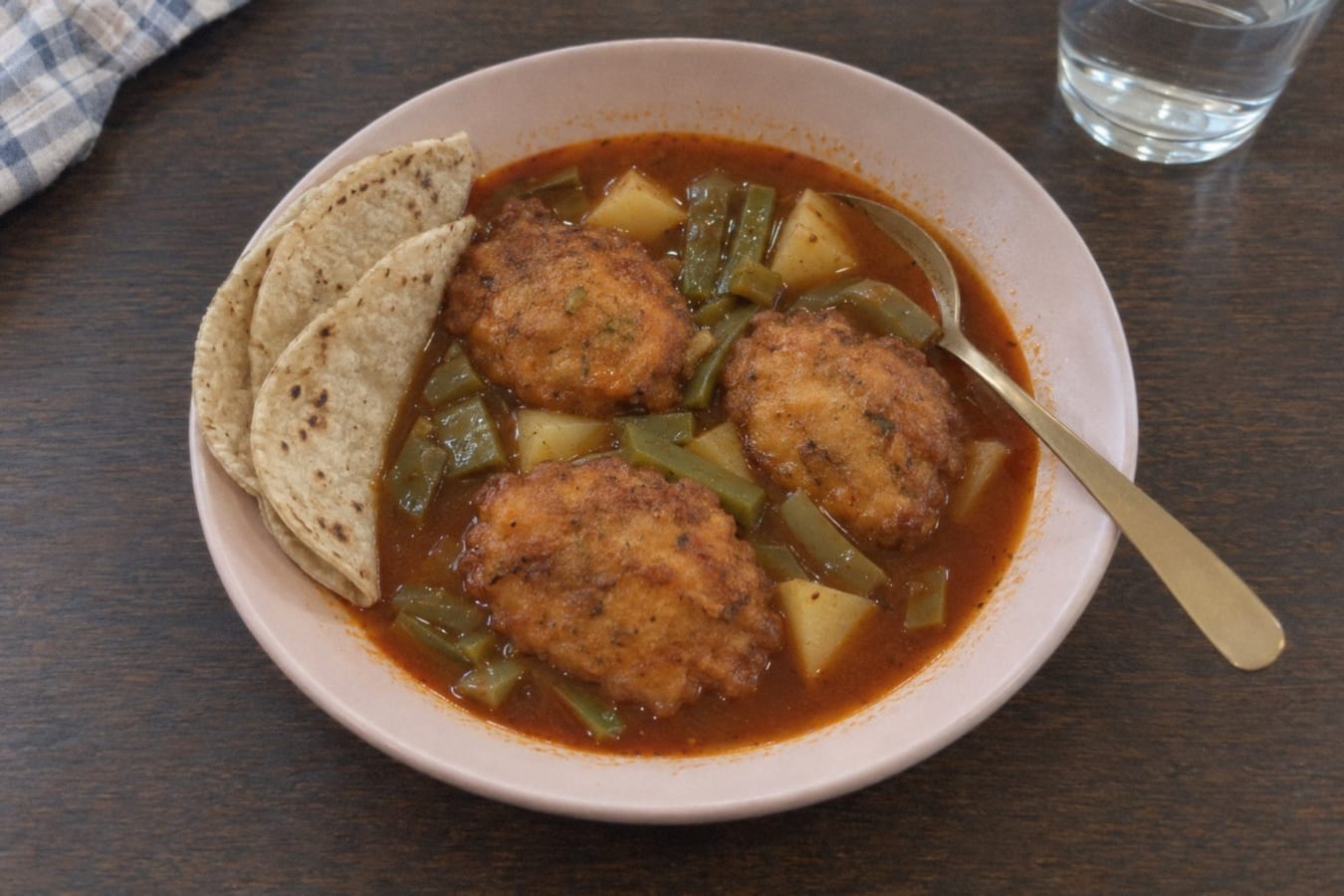 Tortitas de camarón – räkplättar i guajillosås med nopal och potatis
