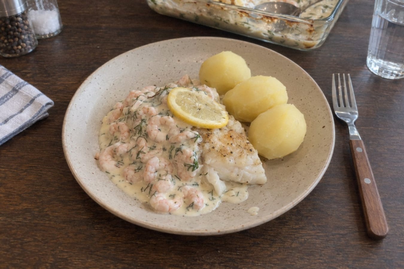Oven-baked cod with prawn sauce