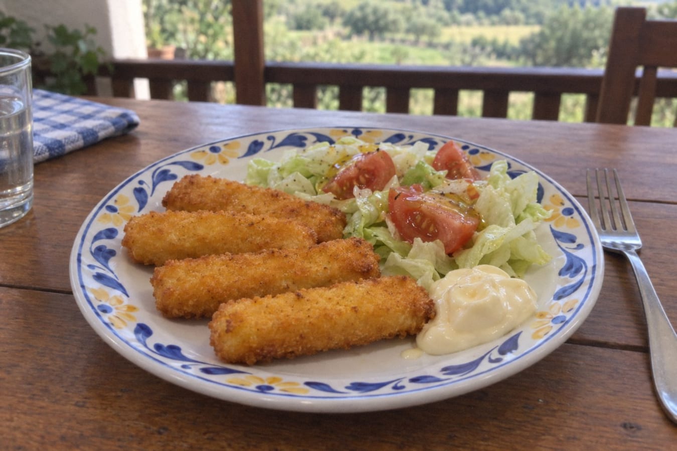 Varitas de merluza con ensalada y mayonesa