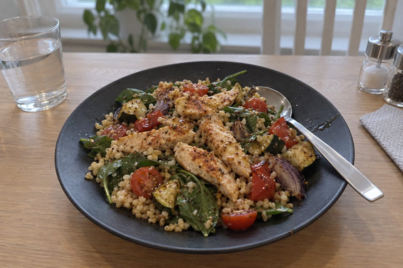 Warm chicken salad with bulgur and roasted vegetables