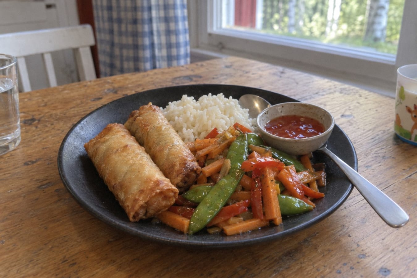 Rollitos de primavera con arroz y verduras salteadas