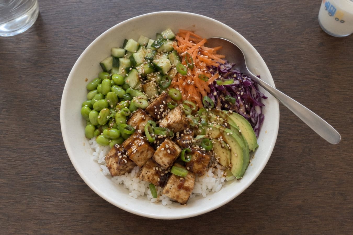 Vegan poke bowl with tofu and edamame