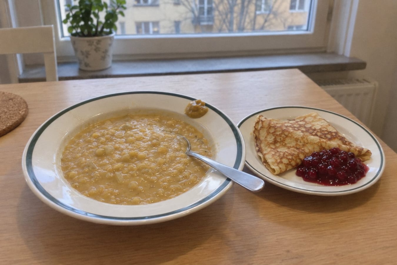 Ärtsoppa vegetariana (sopa sueca de arvejas) con crepes