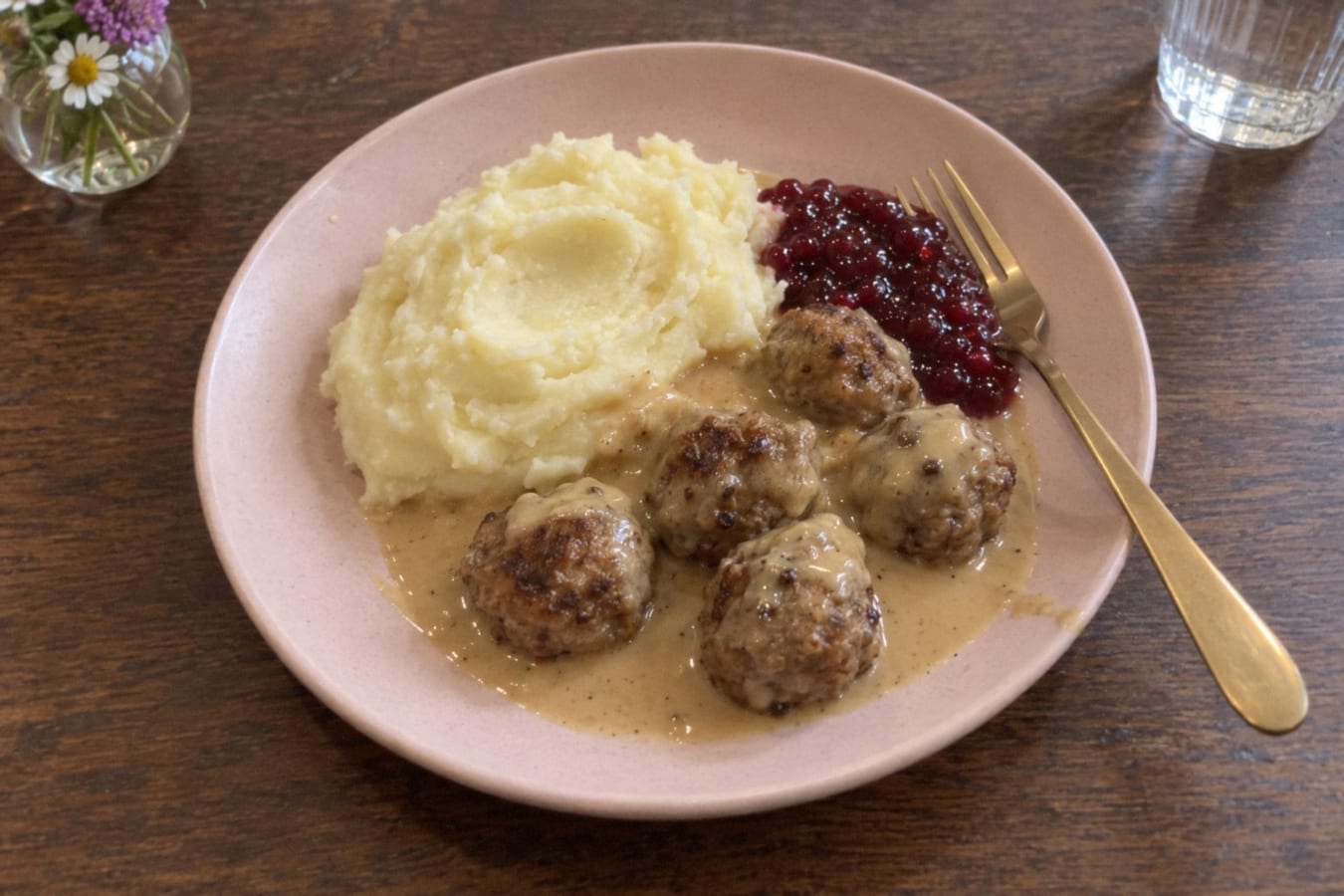 Plant-based meatballs with mash, cream sauce and lingonberries