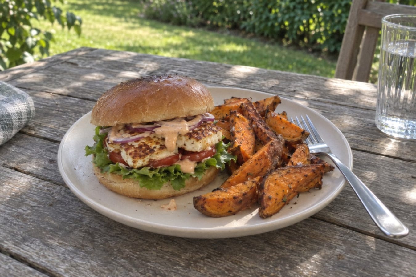 Halloumi burgers with sweet potato wedges