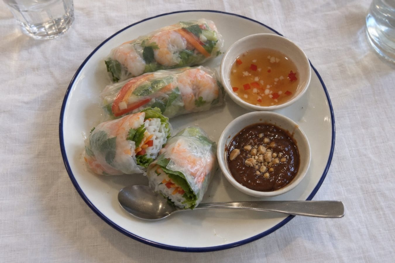 Vietnamese summer rolls with prawns and dipping sauces