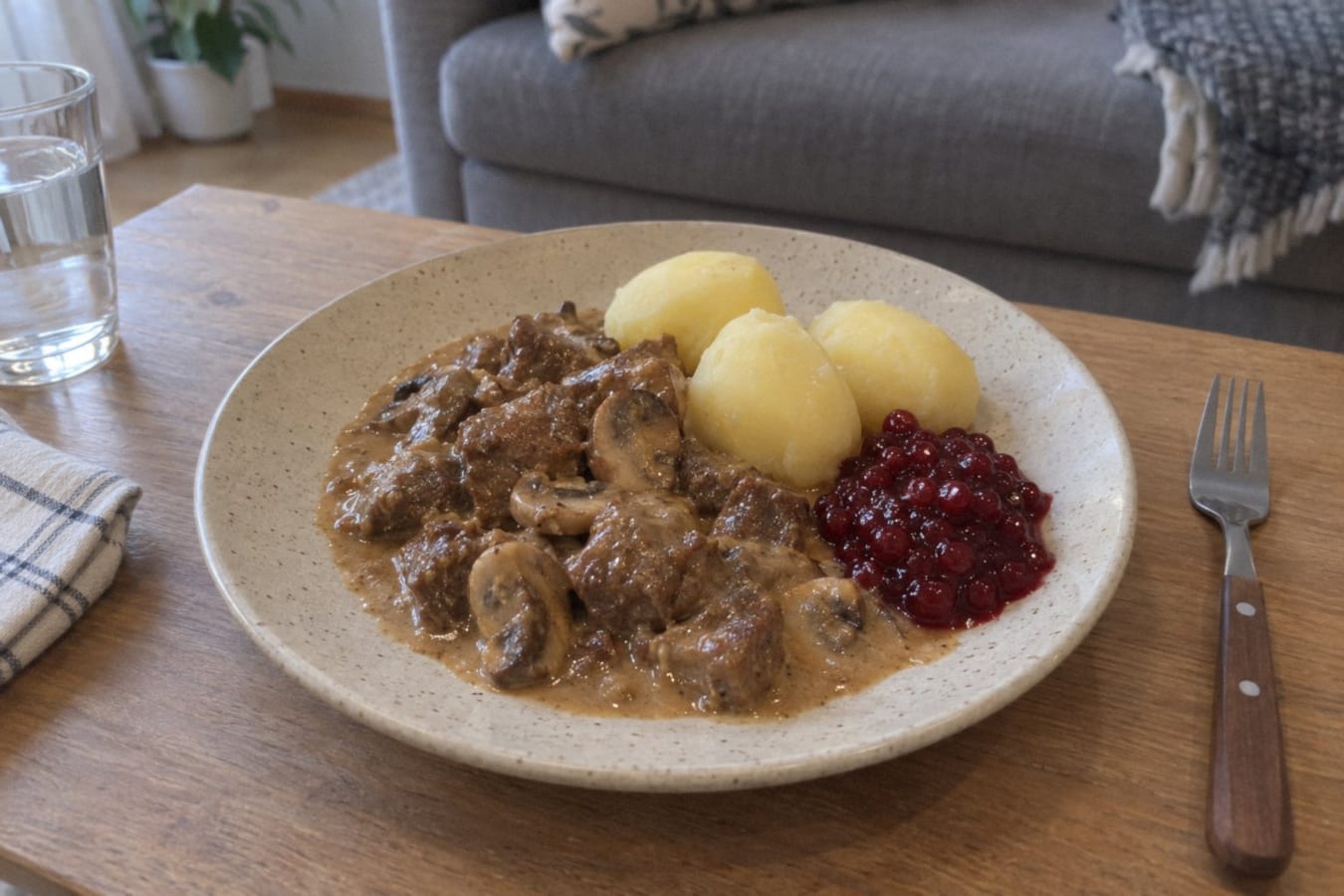 Game stew with mushrooms, potatoes and lingonberries