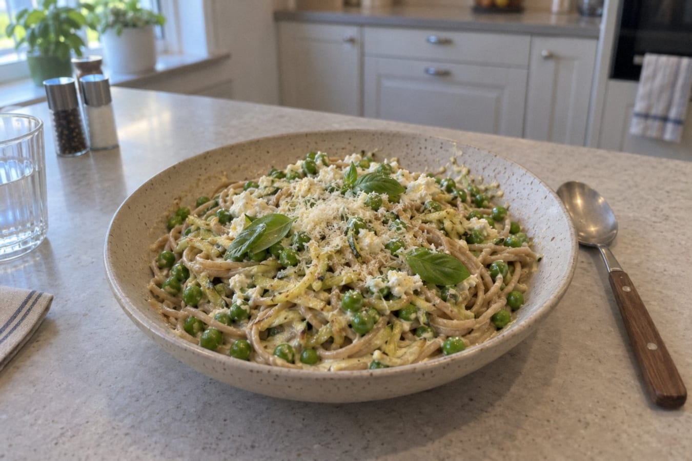 Courgette pasta with lemon, peas and ricotta